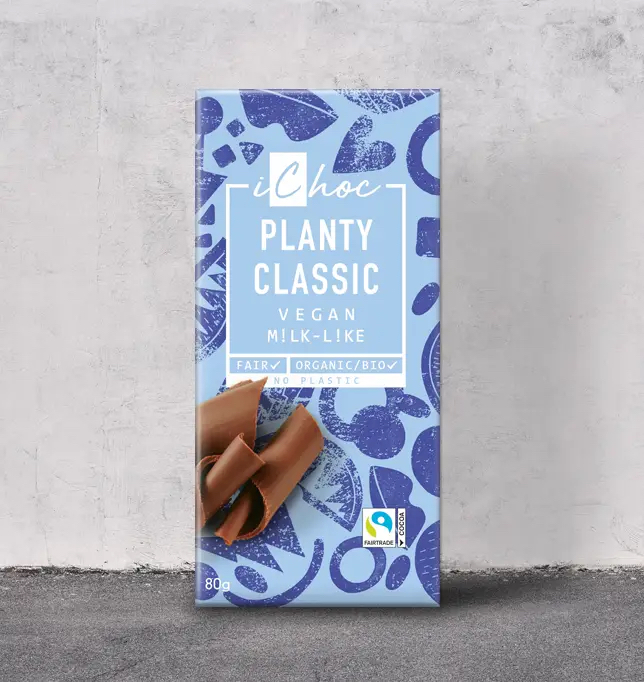 Die vegane Schokoladensorte Planty Classic von iChoc mit Bio- und Fairtrade-Zertifizierung.