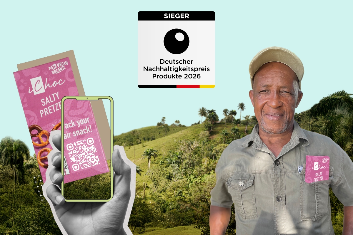 Nachhaltiger Kakaoanbau mit iChoc – Transparenz und faire Bezahlung. Ausgezeichnet mit dem Deutschen Nachhaltigkeitspreis 2026.